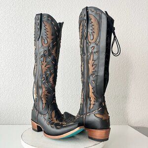 Lane Reverie Knee High Womens Cowboy Boots 7 Black Brown Western Cowgirl Lace Up
